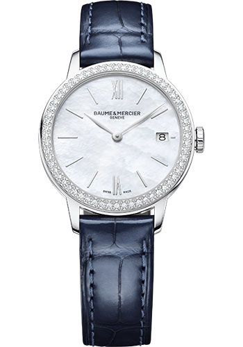 Baume & Mercier Classima Quartz Watch - Date Display - Diamond-Set - 31 mm Steel Case - White Mother-Of-Pearl Dial - Shiny Blue Alligator Strap