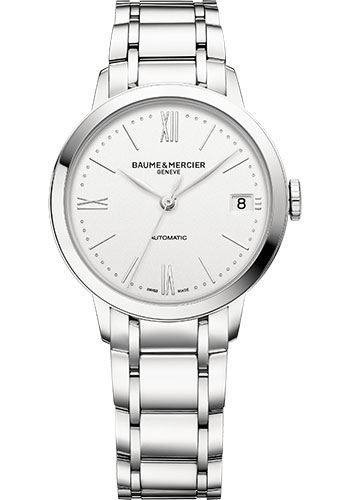 Baume & Mercier Classima Automatic Watch - Date Display - 34 mm Steel Case - Silver Dial - Polished Strap