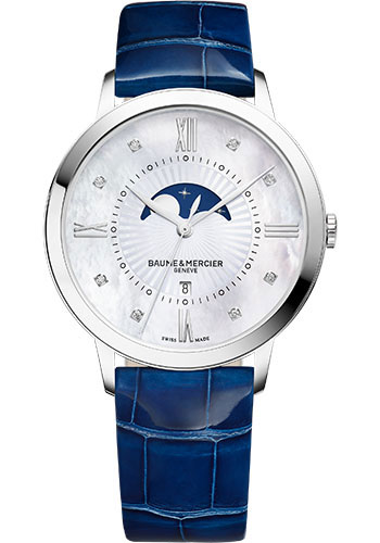 Baume & Mercier Classima Quartz Watch - Moon Phase - Diamond-Set - 36 mm Steel Case - Diamond Mother-Of-Pearl Dial - Glossy Blue Alligator Strap