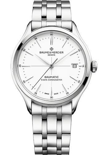 Baume & Mercier Clifton Automatic Watch - COSC Certified - Date - 40 mm Steel Case - White Dial - Steel Bracelet