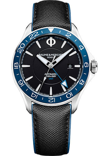 Baume & Mercier Clifton Club Automatic Watch - Dual Time - Date Display - 42 mm Steel Case - Black Dial - Black Calfskin Strap