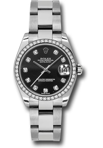 Rolex Steel and White Gold Datejust 31 Watch - 46 Diamond Bezel - Black Diamond Dial - Oyster Bracelet