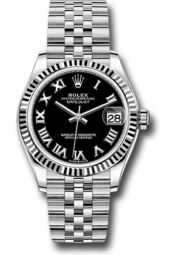 Rolex Steel and White Gold Datejust 31 Watch - Fluted Bezel - Black Roman Dial - Jubilee Bracelet