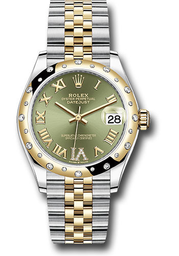 Rolex Steel and Yellow Gold Datejust 31 Watch - Domed Diamond Bezel - Olive Green Diamond Roman Six Dial - Jubilee Bracelet