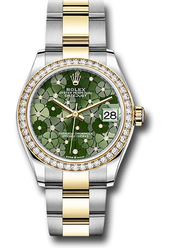 Rolex Yellow Rolesor Datejust 31 Watch - Diamond Bezel - Olive Green Floral Motif Diamond 6 Dial - Oyster Bracelet
