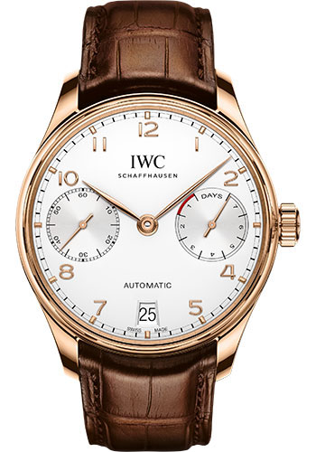 IWC Portugieser Automatic Watch - 42.3 mm 5N Gold Case - Silver Dial - Brown Alligator Strap