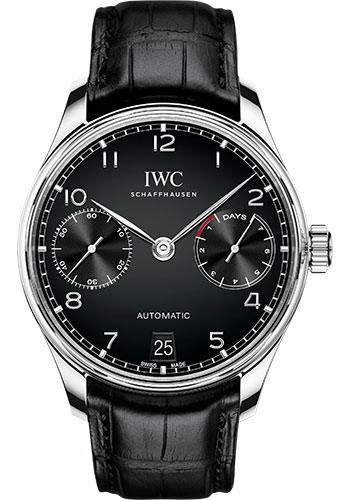 IWC Portugieser Automatic Watch - 42.3 mm Stainless Steel Case - Black Dial - Black Alligator Strap
