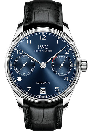 IWC Portugieser Automatic Watch - 42.3 mm Stainless Steel Case - Blue Dial - Black Alligator Strap