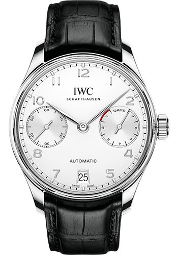 IWC Portugieser Automatic Watch - 42.3 mm Stainless Steel Case - Silver Dial - Black Alligator Strap
