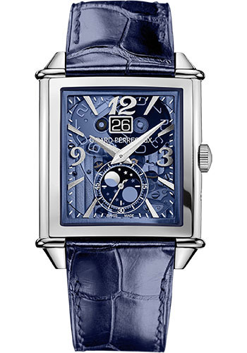 Girard-Perregaux Vintage 1945 XXL Large Date and Moon Phases Watch - Steel Case - Polycristalline Dial - Blue Alligator Strap