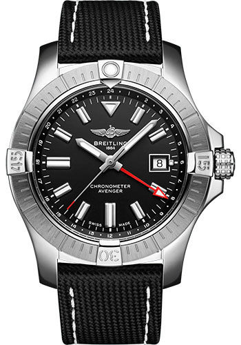 Breitling Avenger Automatic GMT 43 Watch - Stainless Steel - Black Dial - Anthracite Calfskin Leather Strap - Tang Buckle
