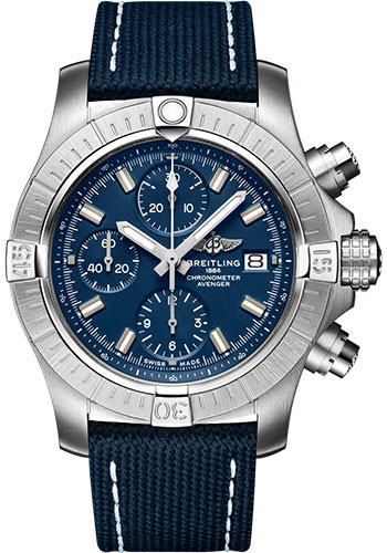 Breitling Avenger Chronograph 43 Watch - Stainless Steel - Blue Dial - Blue Calfskin Leather Strap - Tang Buckle