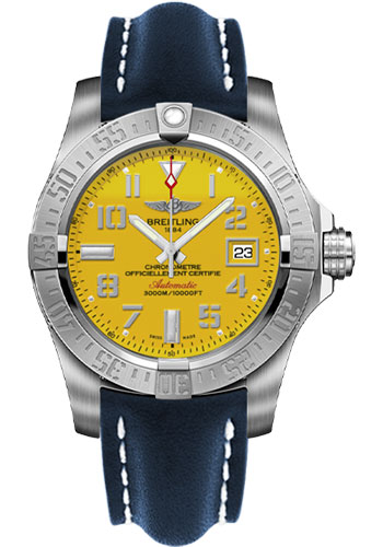Breitling Avenger II Seawolf Watch - 45mm Steel Case - Cobra Yellow Dial - Blue Leather Strap