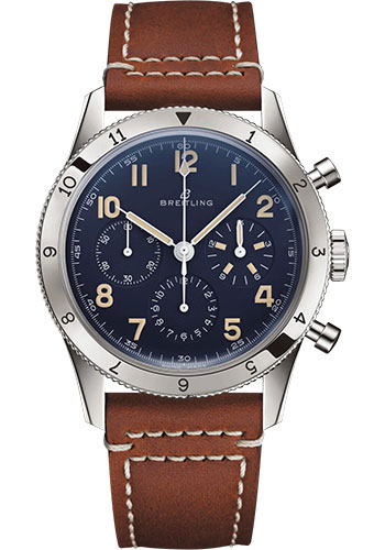 Breitling AVI 1953 Edition Watch - Platinum - Blue Dial - Brown Calfskin Leather Strap - Tang Buckle Limited Edition