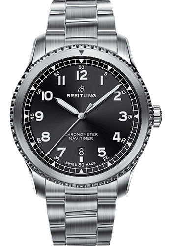 Breitling Aviator 8 Automatic 41 Watch - Steel Case - Black Dial - Steel and Satin Professional III Bracelet