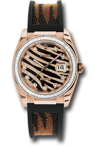 Rolex Pink Gold Datejust Royal Pink 36 Watch - Baguette Diamond Bezel - Black And Diamond Paved Dial - Galuchat