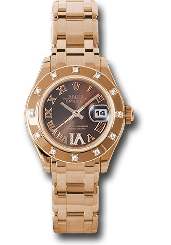 Rolex Pink Gold Lady-Datejust Pearlmaster 29 Watch - 12 Diamond Bezel - Chocolate Brown Diamond Roman Vi Roman Dial
