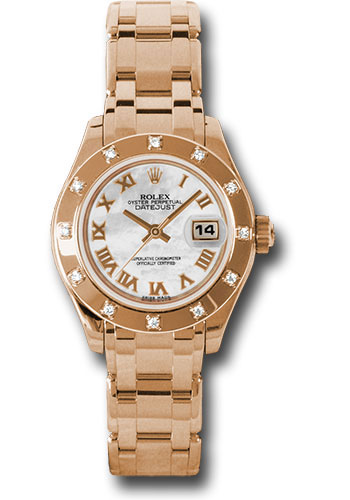 Rolex Pink Gold Lady-Datejust Pearlmaster 29 Watch - 12 Diamond Bezel - Mother-Of-Pearl Roman Dial