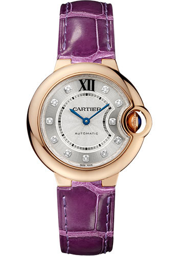 Cartier Ballon Bleu de Cartier Watch - 33 mm Pink Gold Case - Diamond Dial - Purple Alligator Strap