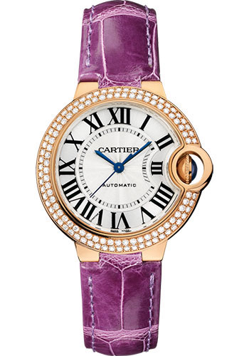 Cartier Ballon Bleu de Cartier Watch - 33 mm Pink Gold Diamond Case - Purple Alligator Strap