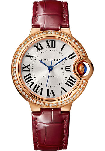 Cartier Ballon Bleu de Cartier Watch - 33 mm Pink Gold Case - Diamond Bezel - Burgundy Alligator Strap