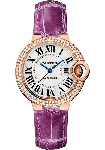 Cartier Ballon Bleu de Cartier Watch - 33 mm Rose Gold Diamond Case - Opaline Dial - Purple Alligator Strap