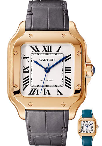 Cartier Santos de Cartier Watch - 35.1 mm Pink Gold Case - Silvered Dial - Dark Grey Alligator Strap - Quickswitch Bracelet