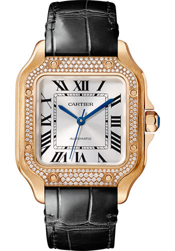 Cartier Santos de Cartier Watch - 35.1 mm Pink Gold Case - Diamond Bezel - Black Alligator Strap