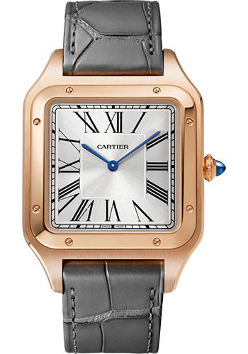 Cartier Santos-Dumont Watch - 46.6 mm x 33.9 mm Pink Gold Case - Silver Dial - Gray Leather Strap