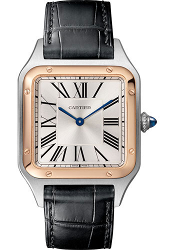 Cartier Santos-Dumont Watch - 43.5 mm Pink Gold And Steel Case - Silver Dial - Black Strap