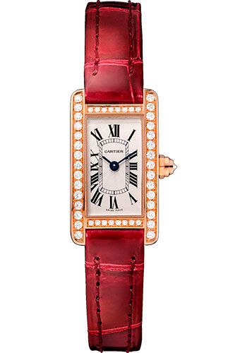 Cartier Tank Américaine Watch - 27 mm Pink Gold Diamond Case - Diamond Bezel - Diamond Dial - Red Strap