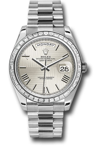 Rolex 950 Platinum Day-Date 40 Watch - Bezel - Silver Quadrant Motif Bevelled Roman Dial - President Bracelet