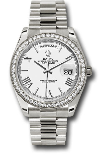 Rolex White Gold Day-Date 40 Watch - Bezel - White Bevelled Roman Dial - President Bracelet