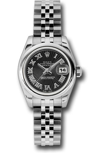 Rolex Steel Lady-Datejust 26 Watch - Domed Bezel - Black Sunbeam Roman Dial - Jubilee Bracelet