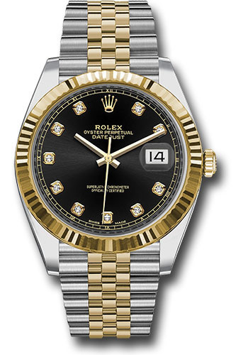 Rolex Steel and Yellow Gold Rolesor Datejust 41 Watch - Fluted Bezel - Black Diamond Dial - Jubilee Bracelet