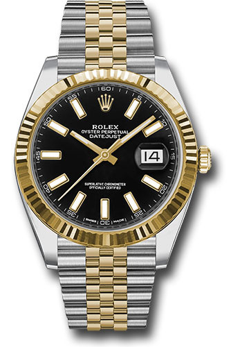 Rolex Steel and Yellow Gold Rolesor Datejust 41 Watch - Fluted Bezel - Black Index Dial - Jubilee Bracelet