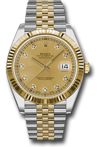 Rolex Steel and Yellow Gold Rolesor Datejust 41 Watch - Fluted Bezel - Champagne Diamond Dial - Jubilee Bracelet