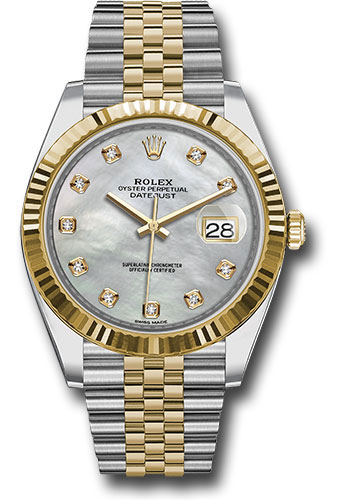 Rolex Steel and Yellow Gold Rolesor Datejust 41 Watch - Fluted Bezel - White Mother-Of-Pearl Diamond Dial - Jubilee Bracelet