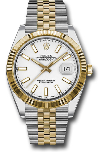 Rolex Steel and Yellow Gold Rolesor Datejust 41 Watch - Fluted Bezel - White Index Dial - Jubilee Bracelet