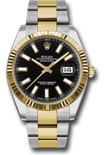 Rolex Steel and Yellow Gold Rolesor Datejust 41 Watch - Fluted Bezel - Black Index Dial - Oyster Bracelet