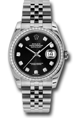 Rolex Steel and White Gold Datejust 36 Watch - 52 Diamond Bezel - Black Diamond Dial - Jubilee Bracelet