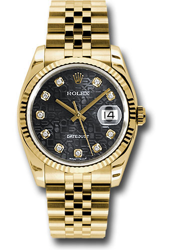 Rolex Yellow Gold Datejust 36 Watch - Fluted Bezel - Black Jubilee Diamond Dial - Jubilee Bracelet