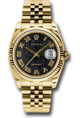 Rolex Yellow Gold Datejust 36 Watch - Fluted Bezel - Black Jubilee Roman Dial - Jubilee Bracelet