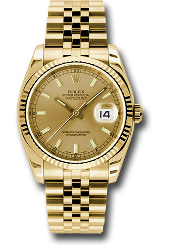 Rolex Yellow Gold Datejust 36 Watch - Fluted Bezel - Champagne Index Dial - Jubilee Bracelet