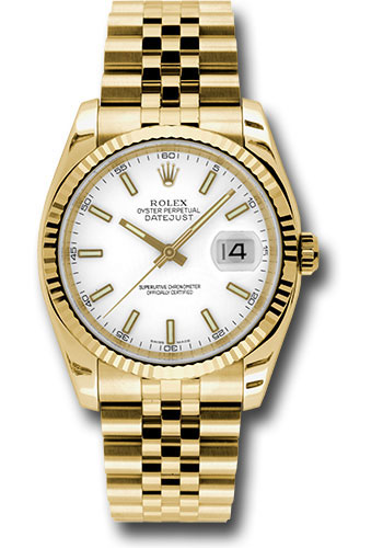 Rolex Yellow Gold Datejust 36 Watch - Fluted Bezel - White Index Dial - Jubilee Bracelet