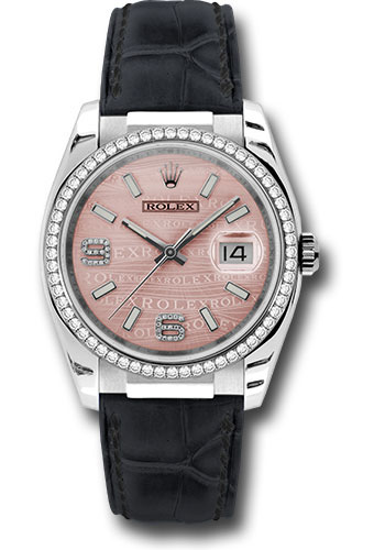Rolex White Gold Datejust 36 Watch - 60 Diamond Bezel - Pink Wave Diamond 6 And 9 Arabic Dial - Leather