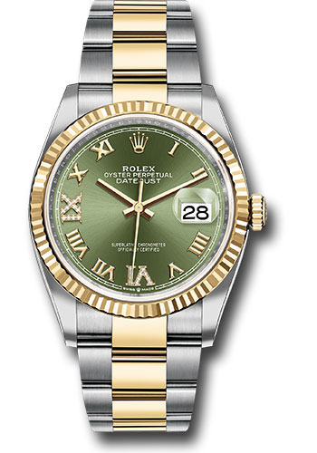 Rolex Steel and Yellow Gold Rolesor Datejust 36 Watch - Fluted Bezel - Olive Green Roman Dial - Oyster Bracelet