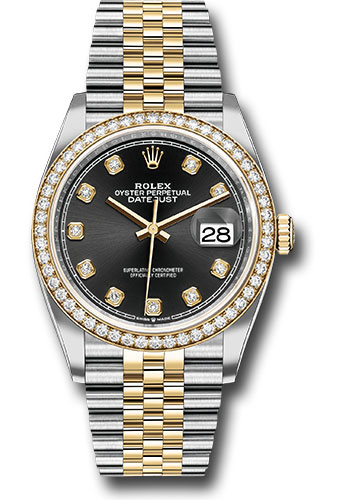 Rolex Steel and Yellow Gold Rolesor Datejust 36 Watch - Yellow Diamond Bezel - Black Diamond Dial - Jubilee Bracelet