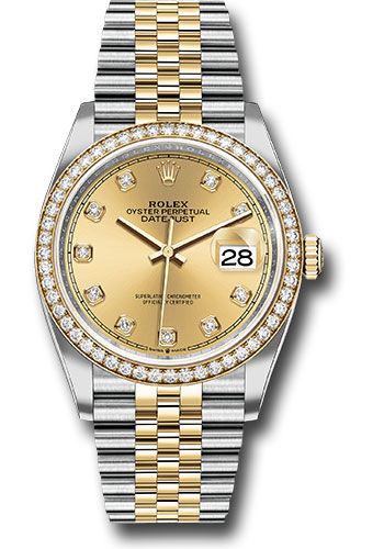 Rolex Steel and Yellow Gold Rolesor Datejust 36 Watch - Yellow Diamond Bezel - Champagne Diamond Dial - Jubilee Bracelet
