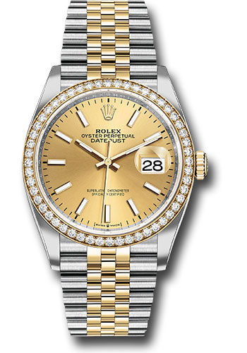Rolex Steel and Yellow Gold Rolesor Datejust 36 Watch - Yellow Diamond Bezel - Champagne Index Dial - Jubilee Bracelet
